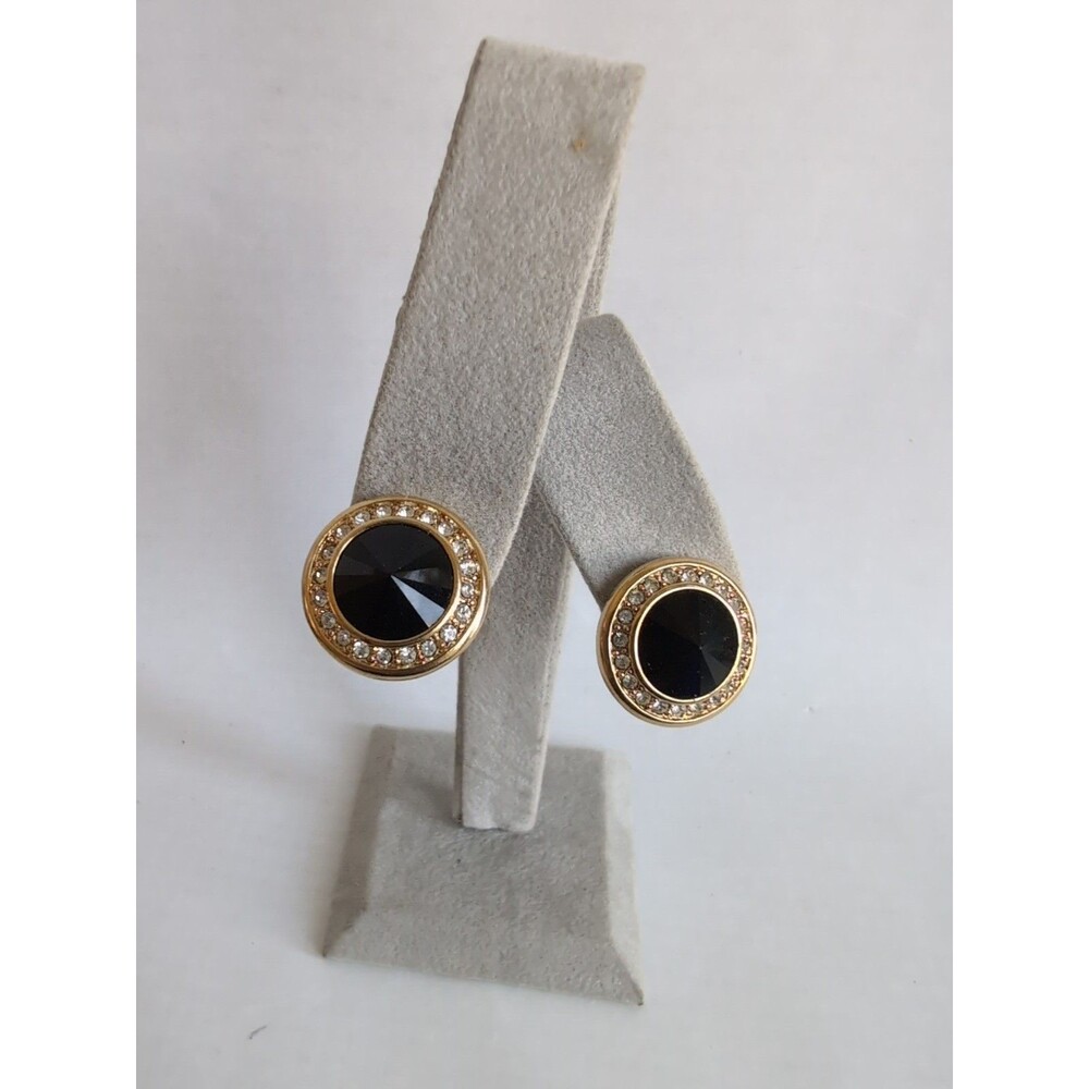 Vtg Swarovski Crystal Clip On Earrings Black Rhinestone Signed 80s MCM